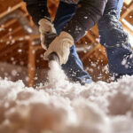 Worker installing attic insulation for weatherproofing.